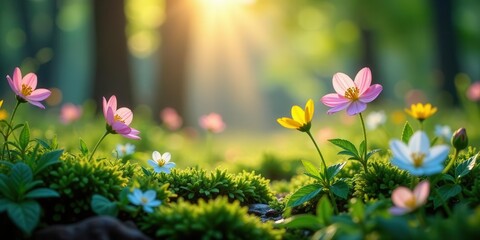 Fototapeta premium A vibrant meadow bathed in the golden light of dawn, showcasing delicate wildflowers in various colors and textures, a serene and picturesque scene of springtime beauty