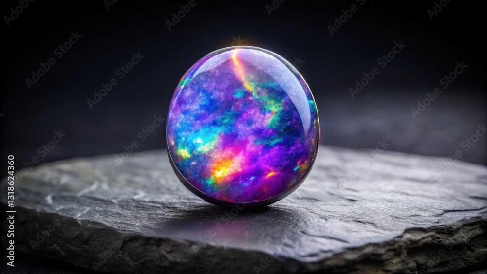Poster a vibrant cosmic opal gemstone with a multicolored galaxy inside, reflecting light with an iridescen