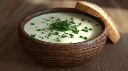Creamy soup, wooden bowl, bread, sunlight, kitchen