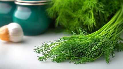 Fototapeta premium Bunch of fresh green dill is sitting on a table next to a jar of garlic. The garlic is in a green jar with a lid, and the dill is in a bunch with its stems still attached. The table is white