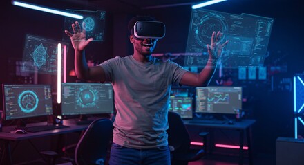 Man wearing virtual reality headset interacting with digital graphs. Future technology and metaverse concept for innovative cyberspace solutions and data management