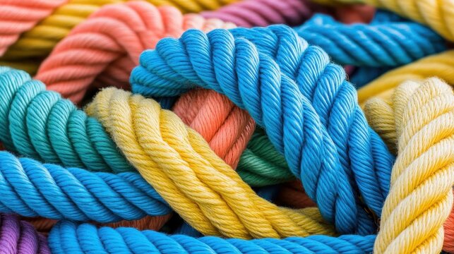 A tangled pile of coloured rope Confusion and thought process concept