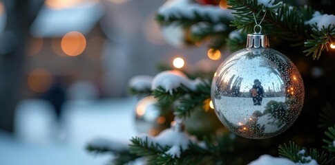 Glittering silver spheres create a festive ambiance on the tree, winter, decoration