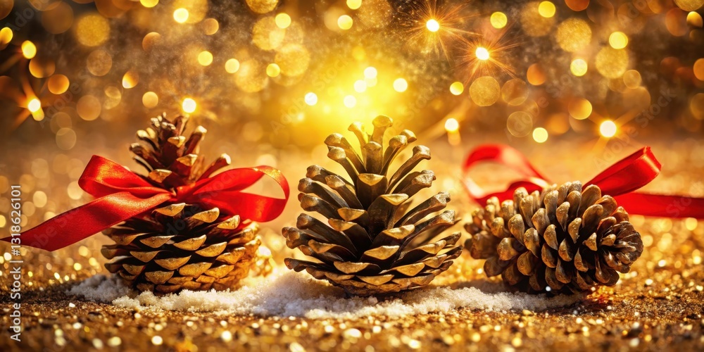 Poster Golden Pine Cones Adorned with Red Ribbons in a Festive Setting of Sparkling Lights and Snow