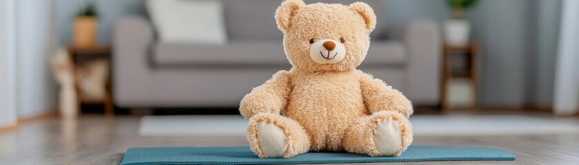 A teddy bear sitting on top of a yoga mat in the living room, closeup photography