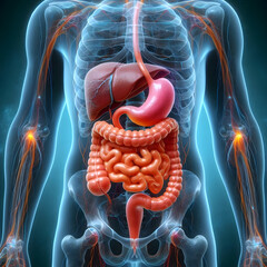 3D illustration of the human digestive system, including the stomach, intestines 