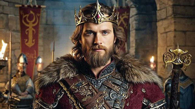  Merovingian king standing in a dimly lit medieval castle, wearing a fur-lined royal cloak and a golden crown, exuding power and nobility.