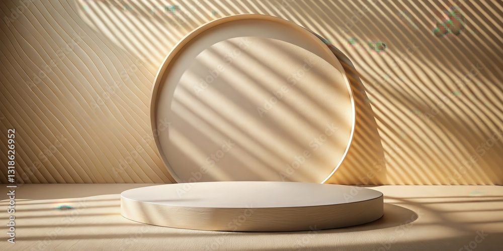 Poster a minimalist wooden platform with a backdrop of warm sun-drenched rays casting elongated shadows on 
