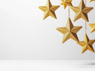 A white background with golden glitter stars falling from the top