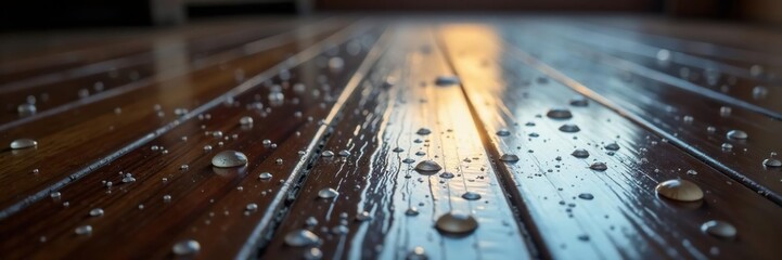 Small water drops glistening on dark hardwood floor, radiance, hardwood, dullness