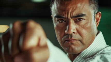 A skilled martial artist is focused and intense while executing a punch in a dojo. The setting reveals traditional training equipment and a vibrant atmosphere that enhances the moment