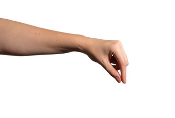 Female hand pinching small invisible object, delicate grip gesture with thumb and index finger. Sign of precision, measurement, and picking. Isolated on white background..