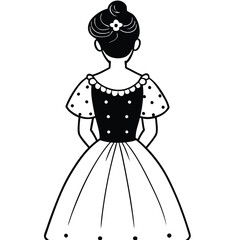Fototapeta premium A black and white line art illustration of a young girl in an elegant vintage dress, viewed from the back, 