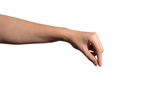 Female hand pinching small invisible object, delicate grip gesture with thumb and index finger. Sign of precision, measurement, and picking. Isolated on white background..