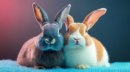 Obraz premium Two rabbits are sitting on a blue surface, one is brown and the other is gray. They are looking at the camera with their noses close together