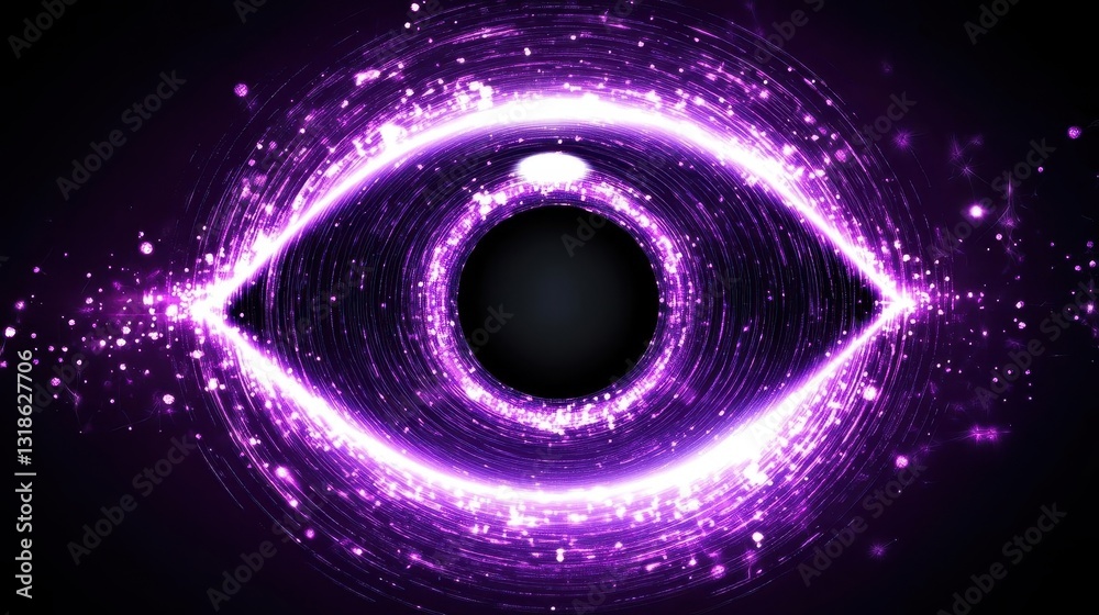 Poster abstract background with purple glowing lights forming an eye shape, black space in the center of th