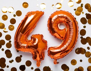 Orange balloon number 49 for forty-ninth birthday or anniversary party. White background with confetti