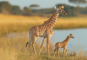 Obraz premium Giraffe with baby in natural habitat.