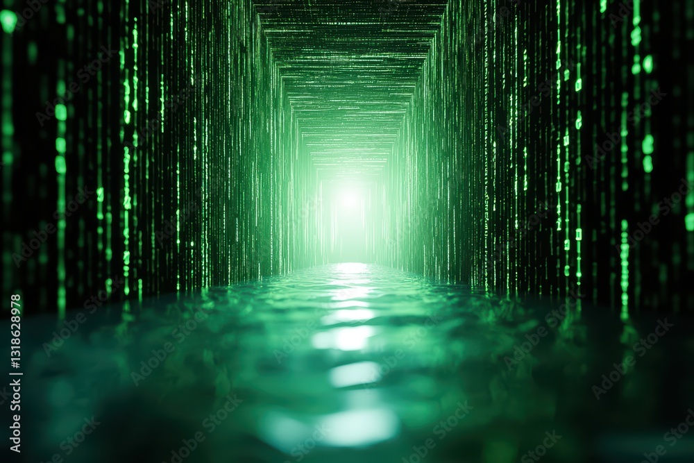 Poster surreal floating data world with green matrix and illuminated end point