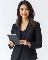 Asian businesswoman dressed in a stylish black pantsuit, holding a tablet, smiling warmly, isolated on a white background
