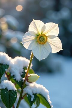 delicate hellebores peek through snowy branches, winter flowers, peaceful