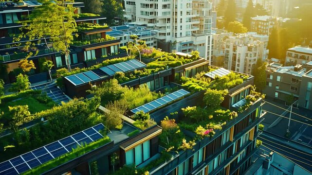 A clean energy-powered cityscape, vibrant green rooftops, solar installations, and zero-emission vehicles.