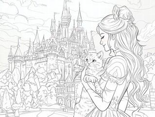 Enchanting bond: A graceful woman tenderly cradles a cat in her arms against the backdrop of a fairytale castle on a serene day