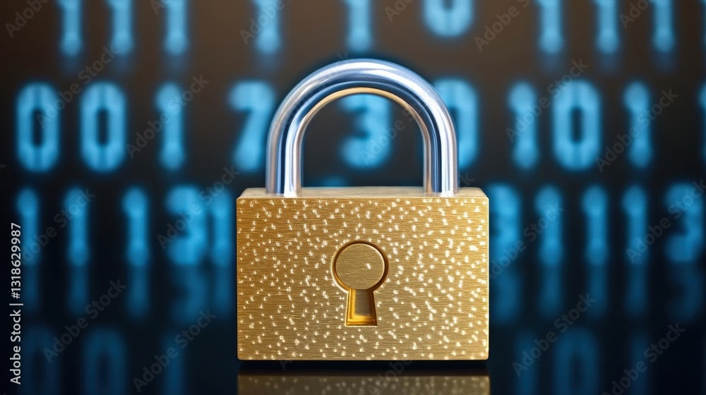 Poster Digital background featuring a golden padlock centered in the middle, surrounded by blue numbers and letters on a dark background, symbolizing data security