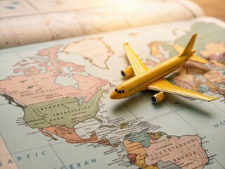 Yellow toy airplane on antique world map