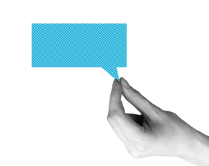 Hand holding speech bubble symbolizing communication, dialog, and feedback. Blank message space for text, opinion, and discussion concept. Isolated on white background..