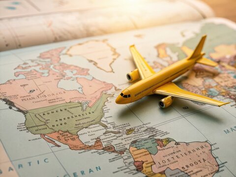 Yellow toy airplane on antique world map