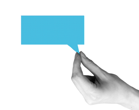 Hand holding speech bubble symbolizing communication, dialog, and feedback. Blank message space for text, opinion, and discussion concept. Isolated on white background..