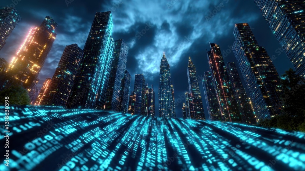 Poster futuristic cityscape at night with glowing digital data streams