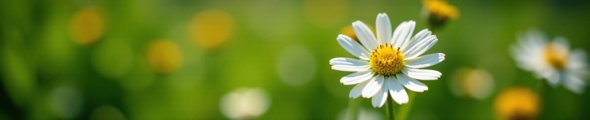 Fototapeta premium Single daisy in a garden with delicate petals, garden, leaves