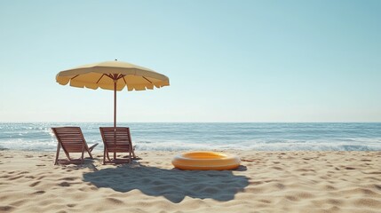 Beach umbrella with chairs, inflatable ring on sandy beach. summer vacation concept. on isolated background.