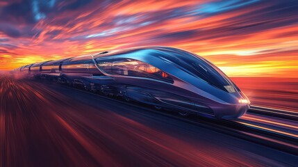 A futuristic high-speed train glides through the desert, its sleek design cutting through swirling dust, under a sky glowing with vivid colors.

