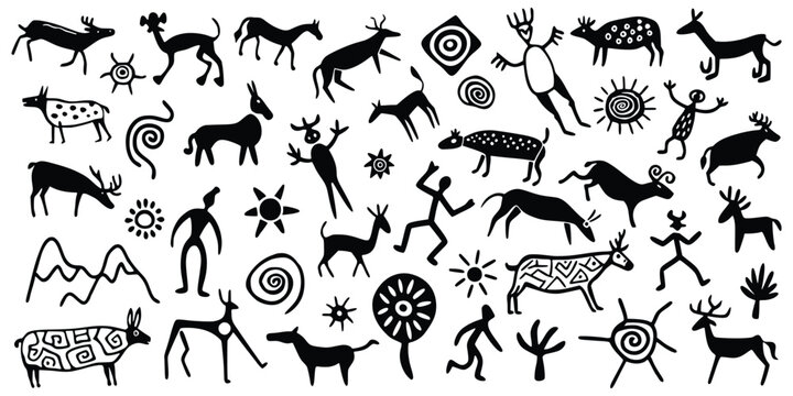 Set petroglyphs, rock paintings, isolated on white background, naive art, vector design