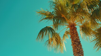 Palm tree fronds against a clear, bright blue sky in warm sunny daylight