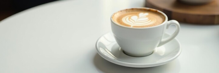 Creamy espresso in a white cup on a pristine surface, table, decor