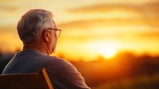 An older man is sitting in a chair and looking at the sun. The scene is peaceful and serene, with the sun setting in the background. The man is lost in thought - Powered by Adobe