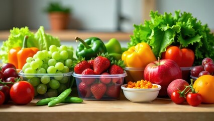 A vibrant assortment of fresh produce in clear containers, including strawberries, grapes, bell peppers, lettuce, apples, and tomatoes, displayed on a wooden surface.