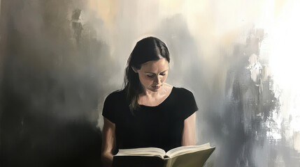 A serene portrait of a woman absorbed in reading, featuring a muted color palette and soft, atmospheric brushwork.