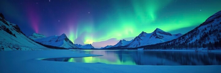 Glowing aurora above frozen lake and snow-covered mountains, aurora, frozen