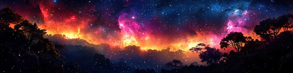 Surreal Cosmic Jungle with Fiery Nebula and Starlit Sky