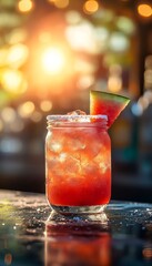watermelon margarita cocktail on the rocks with salt in an artisan mason jar