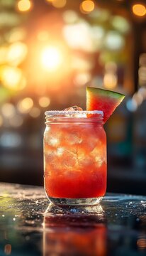 watermelon margarita cocktail on the rocks with salt in an artisan mason jar