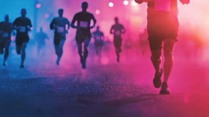 Participants sprint along a city street illuminated by colorful lights during a lively night race, creating an electrifying atmosphere. The event showcases the spirit of competition and community