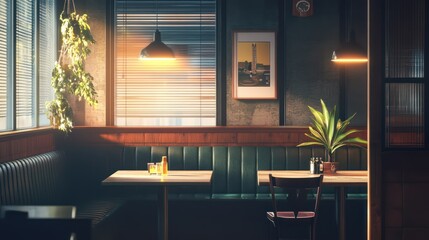 Sunset cafe booth, city view