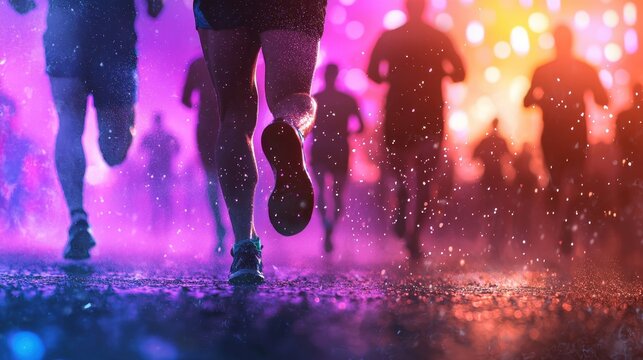 Participants run through a vibrant night race, surrounded by colorful lights and a misty atmosphere. The ground glistens with rain, creating a dynamic and energetic environment