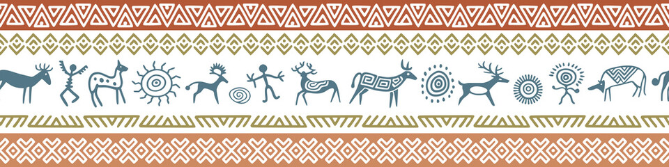 Ethnic seamless border on the theme of rock paintings, petroglyphs and geometric pattern, vector design, banner